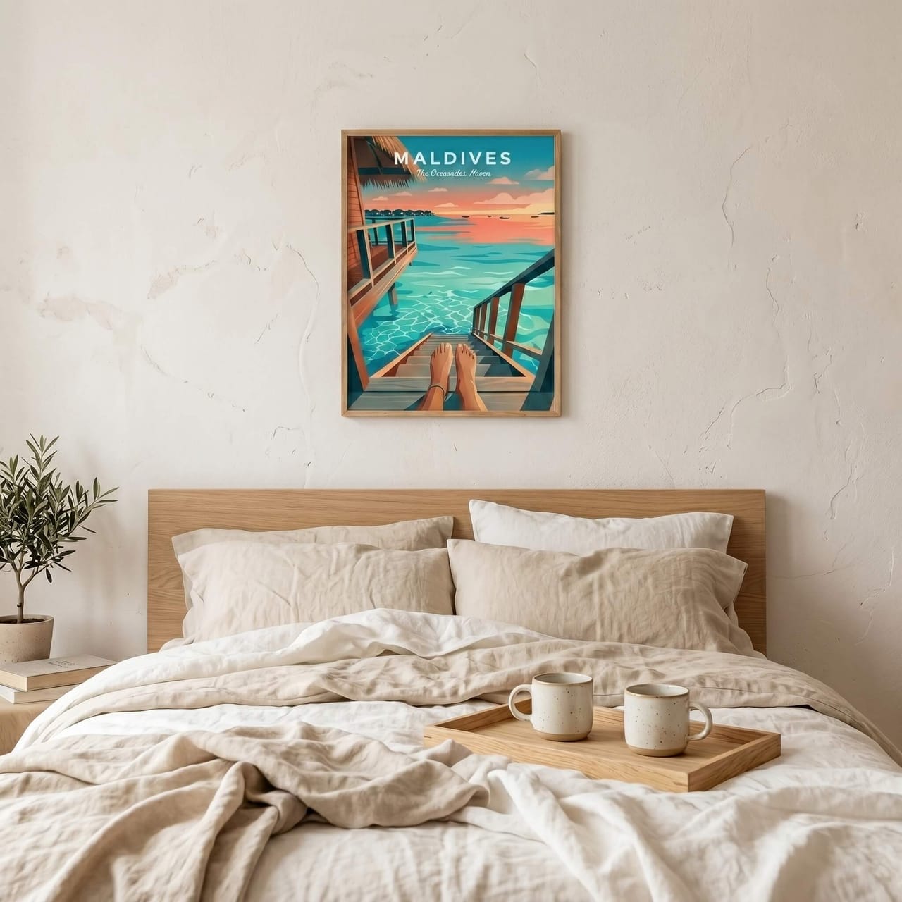 Maldives travel poster hung above a linen-dressed bed