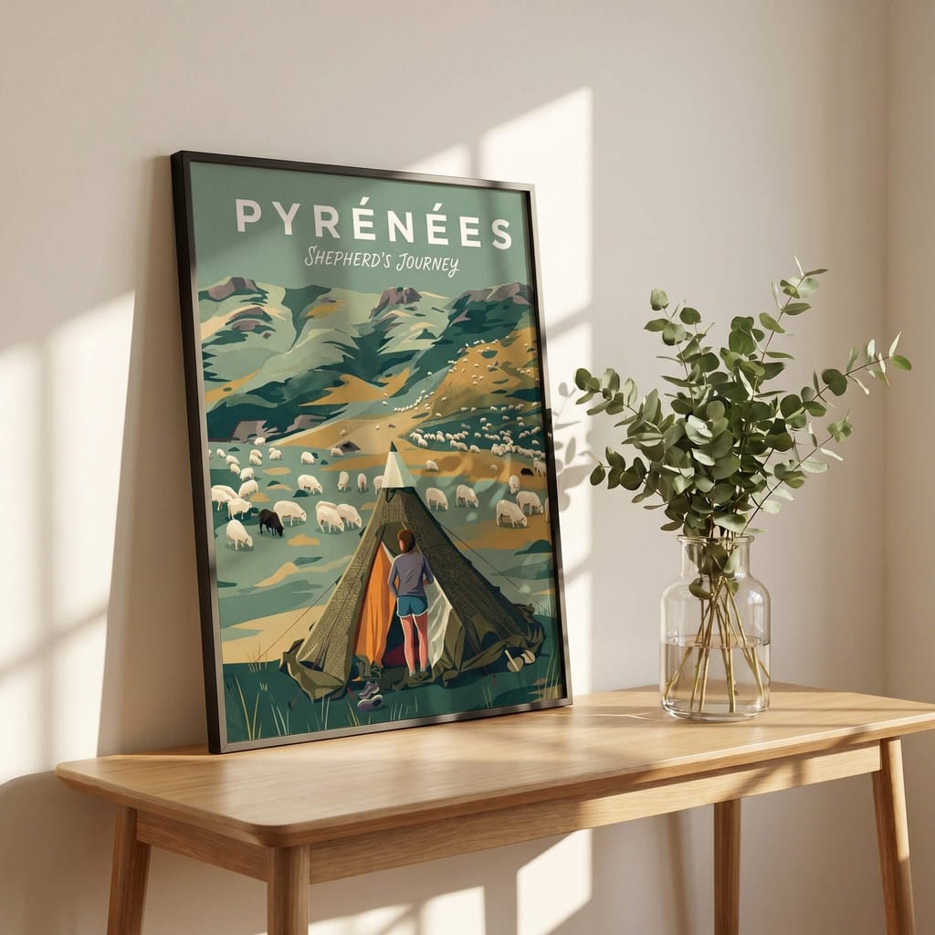 Pyrénées travel poster on a wooden console