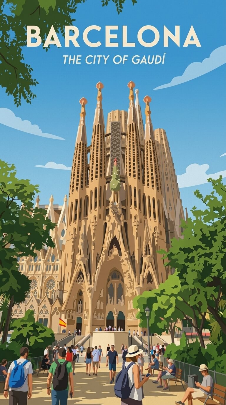 Barcelona travel poster — illustrated wall art from your photo