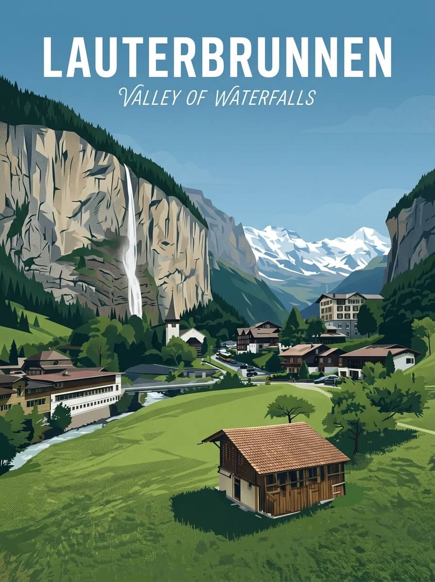 Lauterbrunnen travel poster — illustrated wall art from your photo