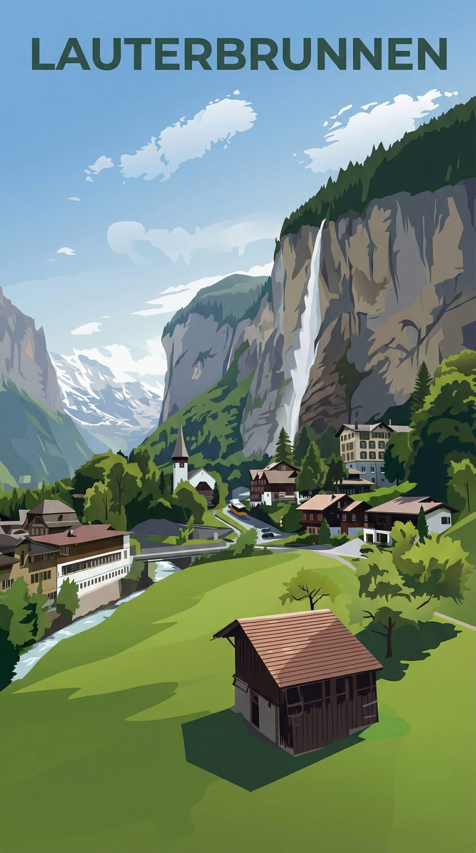 Lauterbrunnen travel poster — illustrated wall art from your photo