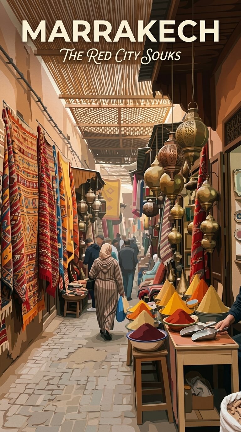 Marrakech travel poster — illustrated wall art from your photo