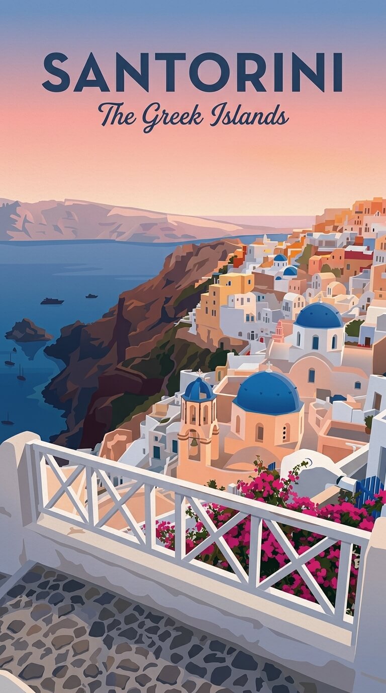 Santorini illustrated travel poster